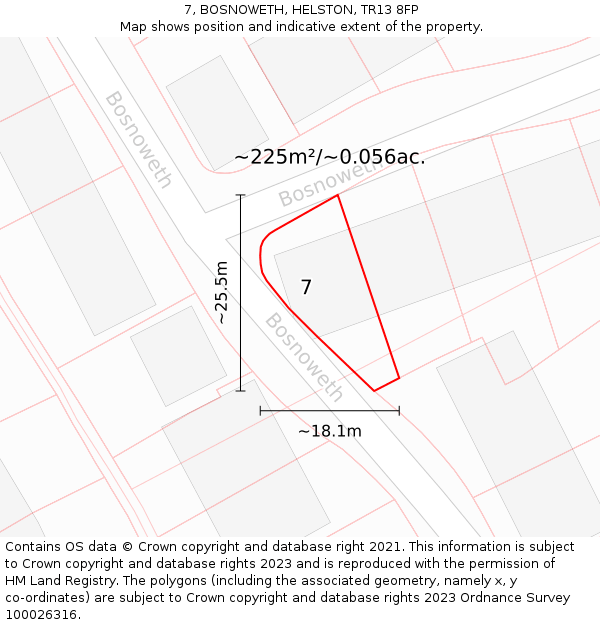 7, BOSNOWETH, HELSTON, TR13 8FP: Plot and title map