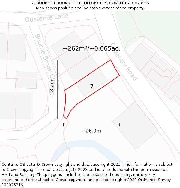 7, BOURNE BROOK CLOSE, FILLONGLEY, COVENTRY, CV7 8NS: Plot and title map