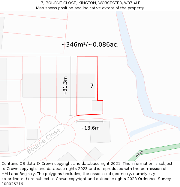 7, BOURNE CLOSE, KINGTON, WORCESTER, WR7 4LF: Plot and title map
