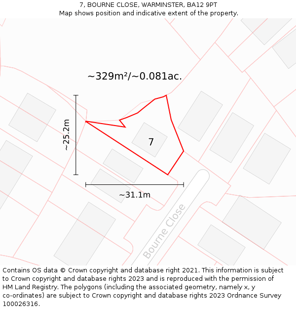 7, BOURNE CLOSE, WARMINSTER, BA12 9PT: Plot and title map