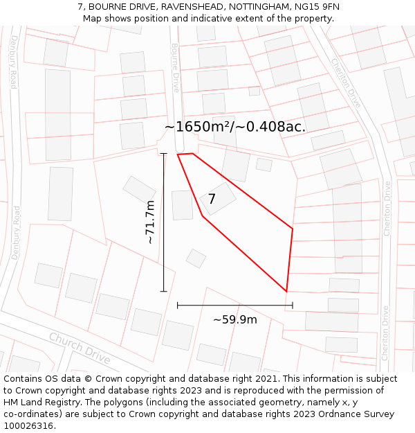 7, BOURNE DRIVE, RAVENSHEAD, NOTTINGHAM, NG15 9FN: Plot and title map