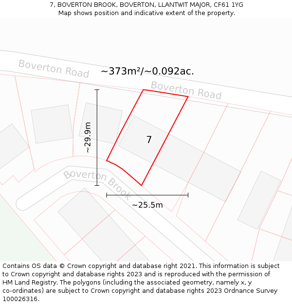 7, BOVERTON BROOK, BOVERTON, LLANTWIT MAJOR, CF61 1YG: Plot and title map