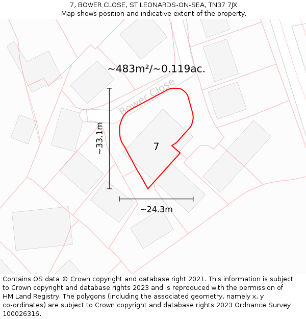7, BOWER CLOSE, ST LEONARDS-ON-SEA, TN37 7JX: Plot and title map