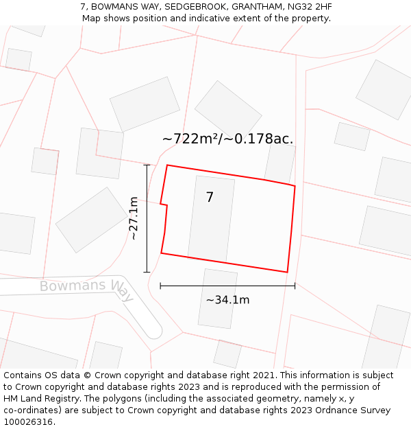 7, BOWMANS WAY, SEDGEBROOK, GRANTHAM, NG32 2HF: Plot and title map