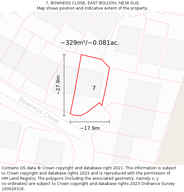 7, BOWNESS CLOSE, EAST BOLDON, NE36 0UQ: Plot and title map