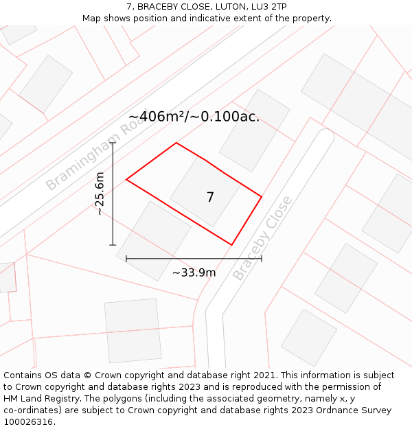7, BRACEBY CLOSE, LUTON, LU3 2TP: Plot and title map