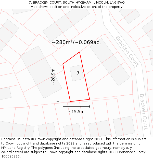 7, BRACKEN COURT, SOUTH HYKEHAM, LINCOLN, LN6 9WQ: Plot and title map