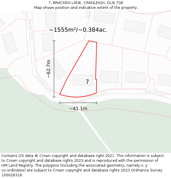 7, BRACKEN LANE, CRANLEIGH, GU6 7GE: Plot and title map