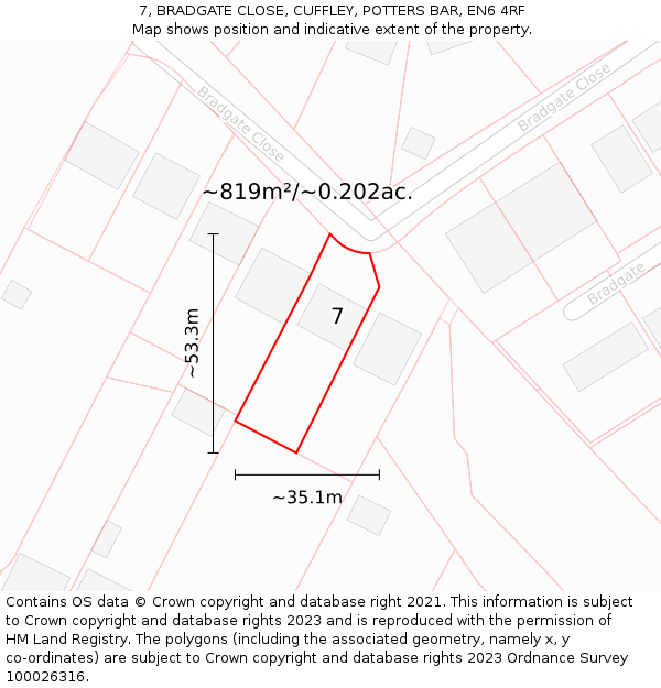 7, BRADGATE CLOSE, CUFFLEY, POTTERS BAR, EN6 4RF: Plot and title map