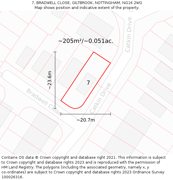 7, BRADWELL CLOSE, GILTBROOK, NOTTINGHAM, NG16 2WG: Plot and title map