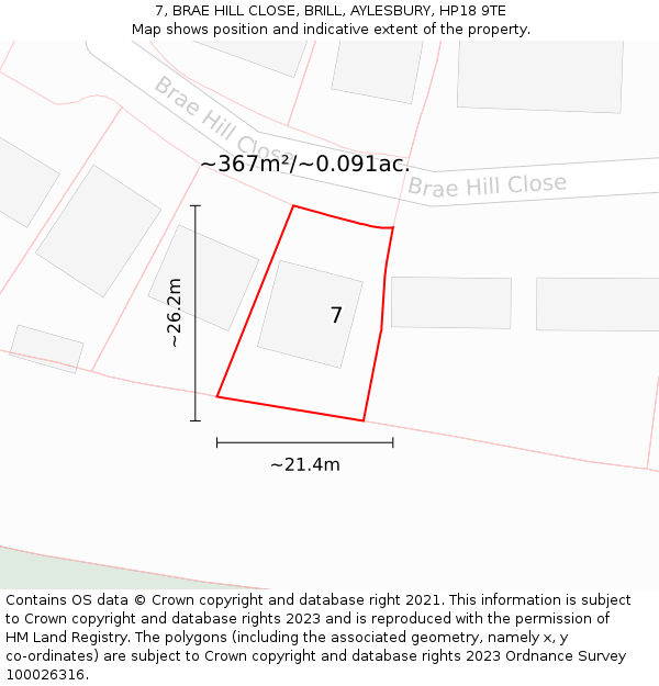 7, BRAE HILL CLOSE, BRILL, AYLESBURY, HP18 9TE: Plot and title map