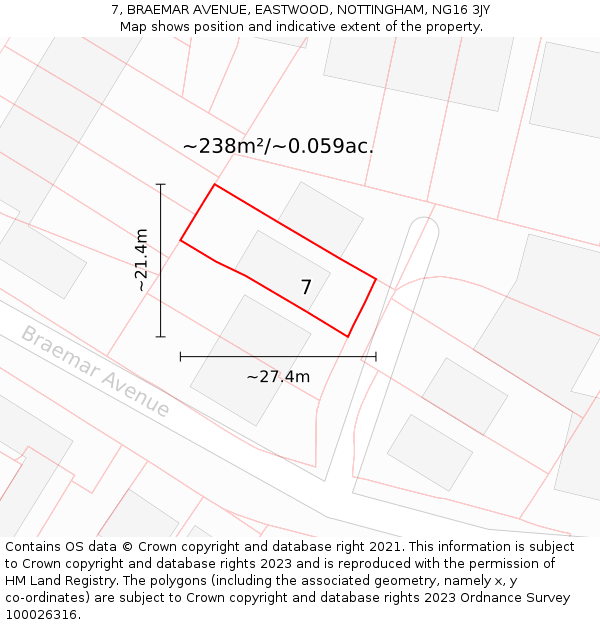 7, BRAEMAR AVENUE, EASTWOOD, NOTTINGHAM, NG16 3JY: Plot and title map