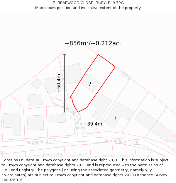 7, BRAEWOOD CLOSE, BURY, BL9 7PG: Plot and title map