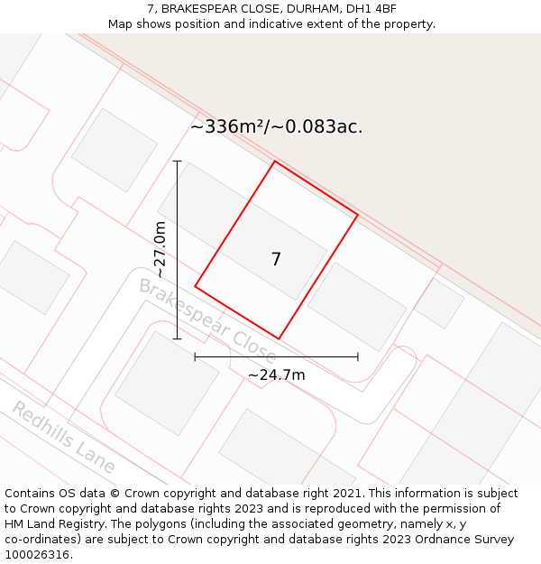 7, BRAKESPEAR CLOSE, DURHAM, DH1 4BF: Plot and title map