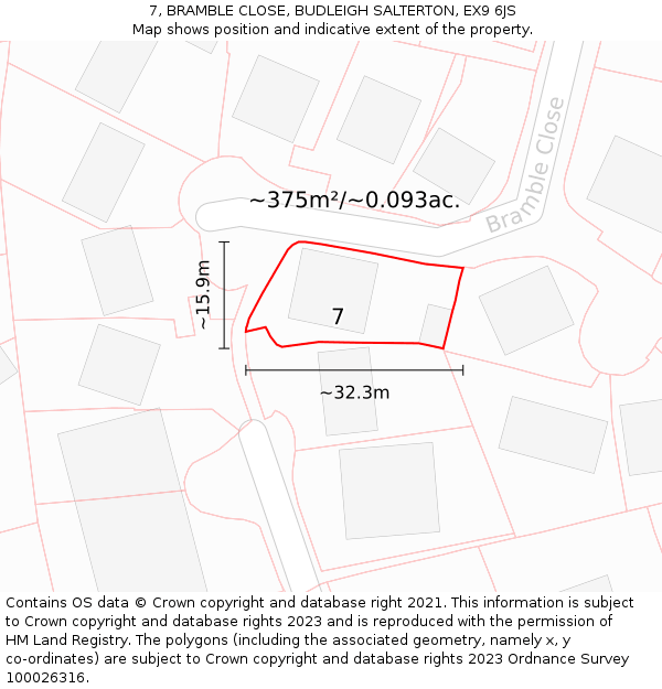 7, BRAMBLE CLOSE, BUDLEIGH SALTERTON, EX9 6JS: Plot and title map