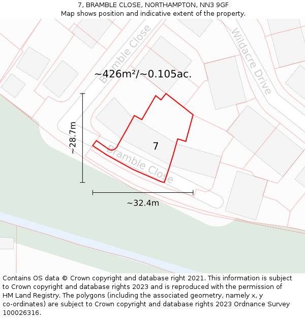 7, BRAMBLE CLOSE, NORTHAMPTON, NN3 9GF: Plot and title map
