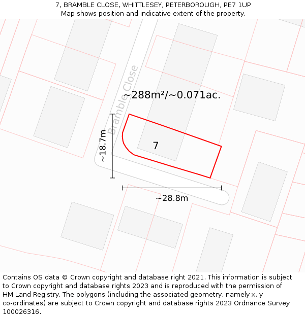 7, BRAMBLE CLOSE, WHITTLESEY, PETERBOROUGH, PE7 1UP: Plot and title map