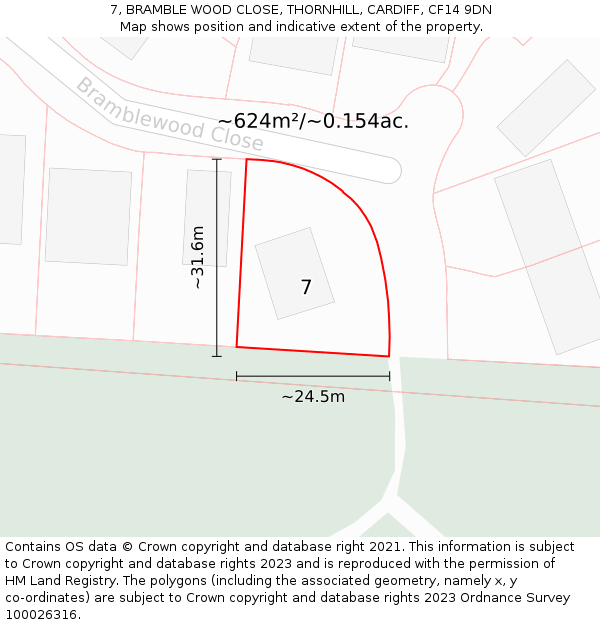 7, BRAMBLE WOOD CLOSE, THORNHILL, CARDIFF, CF14 9DN: Plot and title map