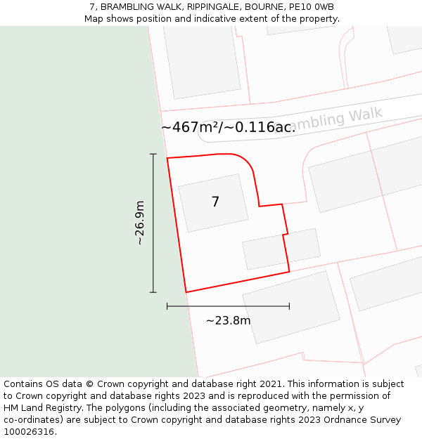 7, BRAMBLING WALK, RIPPINGALE, BOURNE, PE10 0WB: Plot and title map