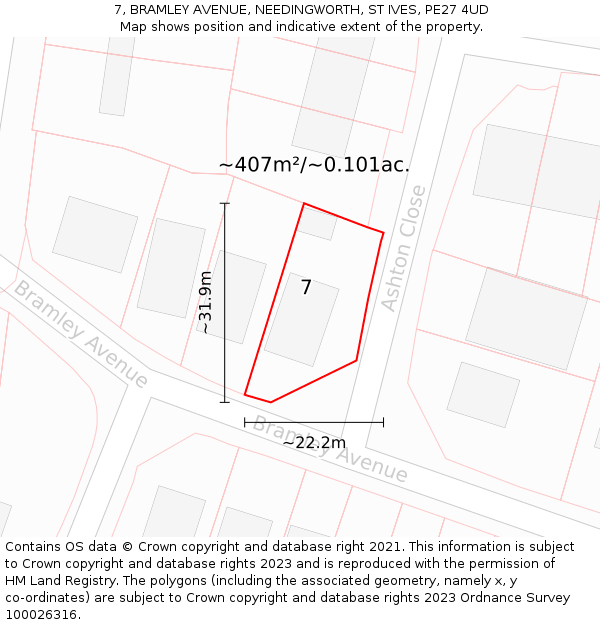 7, BRAMLEY AVENUE, NEEDINGWORTH, ST IVES, PE27 4UD: Plot and title map