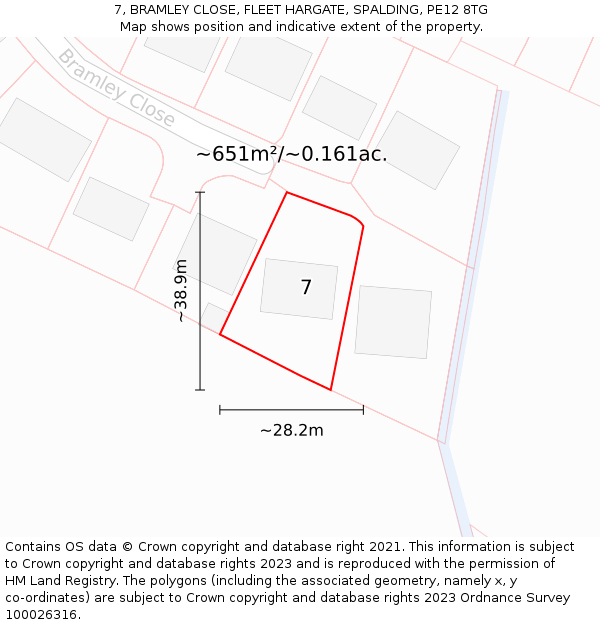 7, BRAMLEY CLOSE, FLEET HARGATE, SPALDING, PE12 8TG: Plot and title map