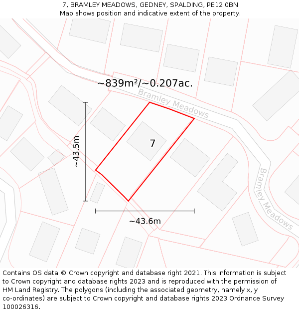 7, BRAMLEY MEADOWS, GEDNEY, SPALDING, PE12 0BN: Plot and title map