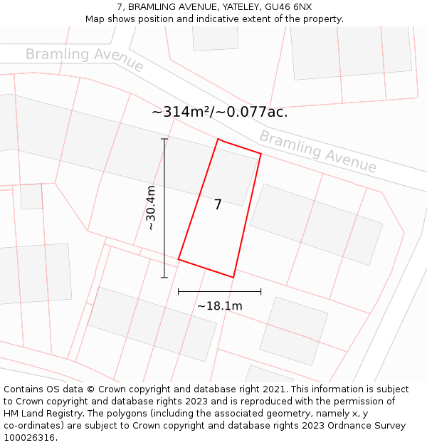 7, BRAMLING AVENUE, YATELEY, GU46 6NX: Plot and title map