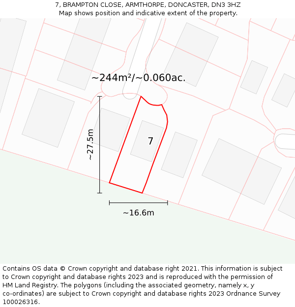 7, BRAMPTON CLOSE, ARMTHORPE, DONCASTER, DN3 3HZ: Plot and title map