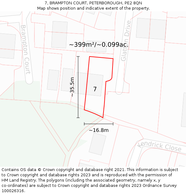 7, BRAMPTON COURT, PETERBOROUGH, PE2 8QN: Plot and title map