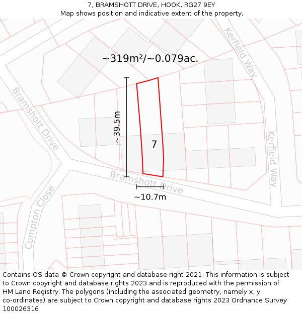7, BRAMSHOTT DRIVE, HOOK, RG27 9EY: Plot and title map