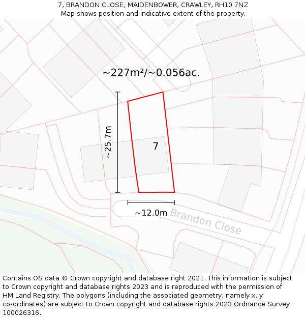 7, BRANDON CLOSE, MAIDENBOWER, CRAWLEY, RH10 7NZ: Plot and title map