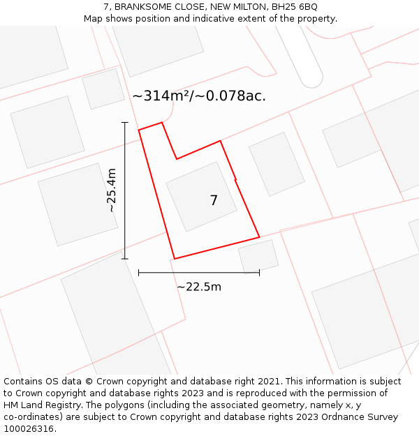 7, BRANKSOME CLOSE, NEW MILTON, BH25 6BQ: Plot and title map