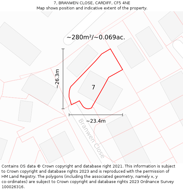 7, BRANWEN CLOSE, CARDIFF, CF5 4NE: Plot and title map