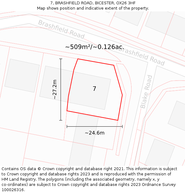 7, BRASHFIELD ROAD, BICESTER, OX26 3HF: Plot and title map