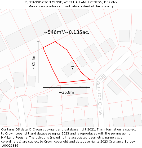 7, BRASSINGTON CLOSE, WEST HALLAM, ILKESTON, DE7 6NX: Plot and title map