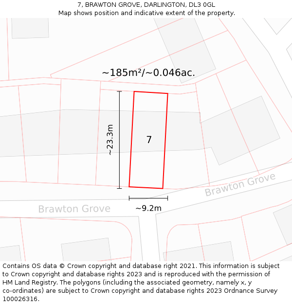 7, BRAWTON GROVE, DARLINGTON, DL3 0GL: Plot and title map