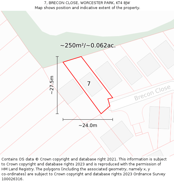 7, BRECON CLOSE, WORCESTER PARK, KT4 8JW: Plot and title map
