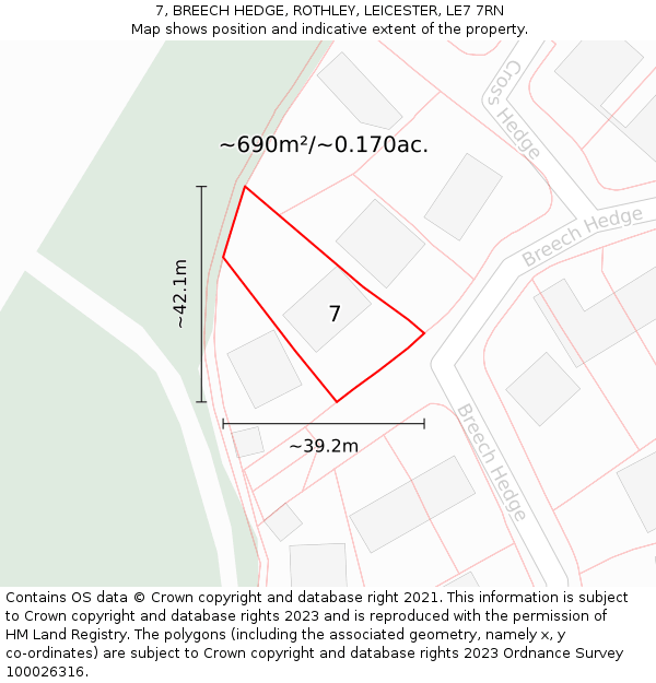 7, BREECH HEDGE, ROTHLEY, LEICESTER, LE7 7RN: Plot and title map