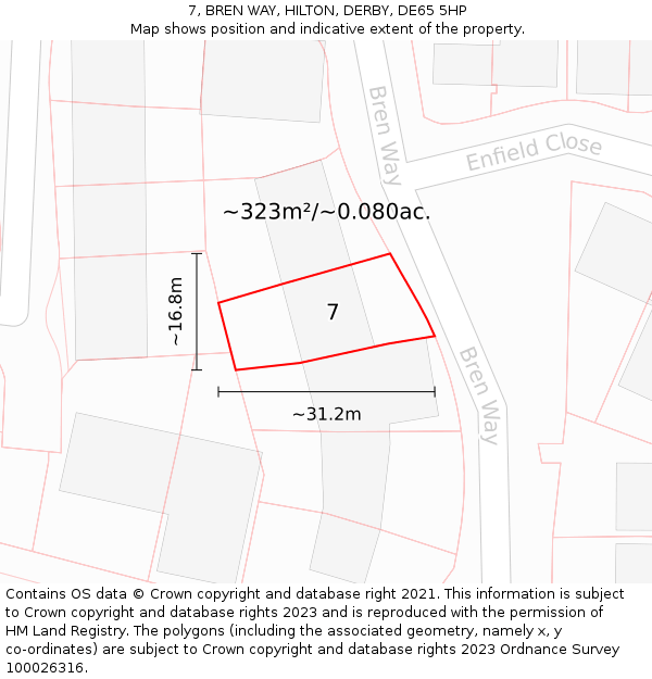 7, BREN WAY, HILTON, DERBY, DE65 5HP: Plot and title map