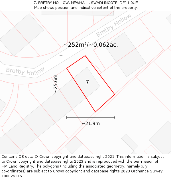 7, BRETBY HOLLOW, NEWHALL, SWADLINCOTE, DE11 0UE: Plot and title map