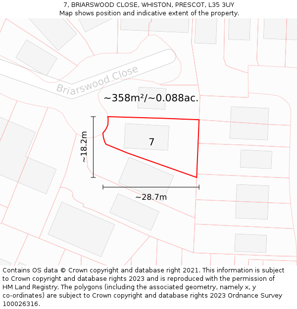 7, BRIARSWOOD CLOSE, WHISTON, PRESCOT, L35 3UY: Plot and title map