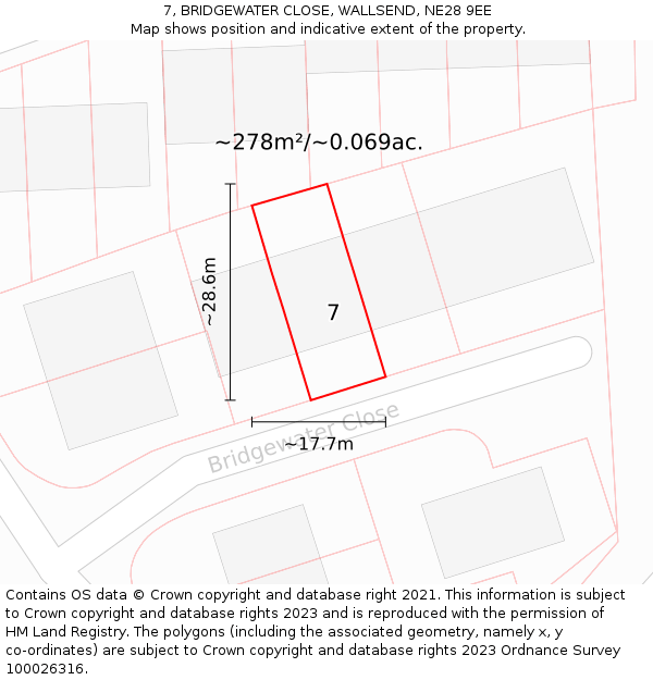 7, BRIDGEWATER CLOSE, WALLSEND, NE28 9EE: Plot and title map