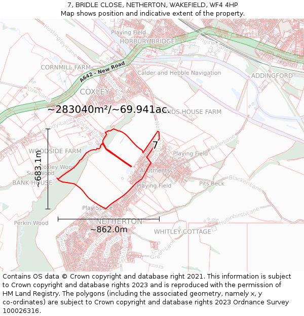 7, BRIDLE CLOSE, NETHERTON, WAKEFIELD, WF4 4HP: Plot and title map