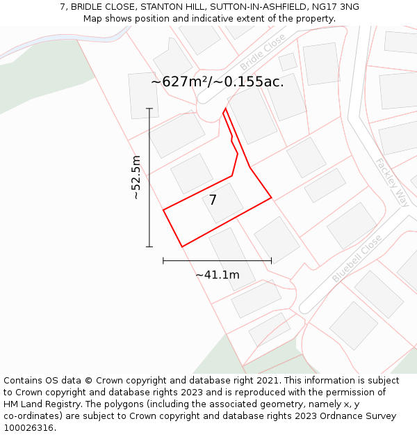 7, BRIDLE CLOSE, STANTON HILL, SUTTON-IN-ASHFIELD, NG17 3NG: Plot and title map
