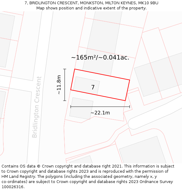 7, BRIDLINGTON CRESCENT, MONKSTON, MILTON KEYNES, MK10 9BU: Plot and title map