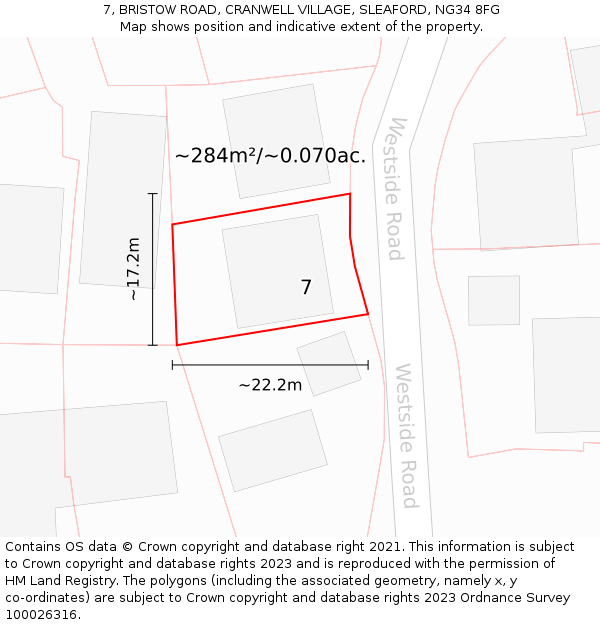 7, BRISTOW ROAD, CRANWELL VILLAGE, SLEAFORD, NG34 8FG: Plot and title map