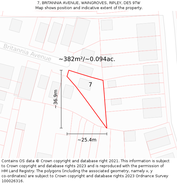 7, BRITANNIA AVENUE, WAINGROVES, RIPLEY, DE5 9TW: Plot and title map