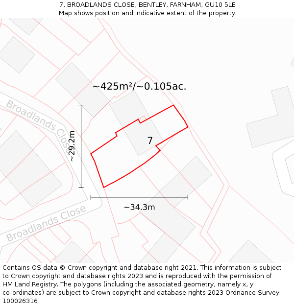 7, BROADLANDS CLOSE, BENTLEY, FARNHAM, GU10 5LE: Plot and title map