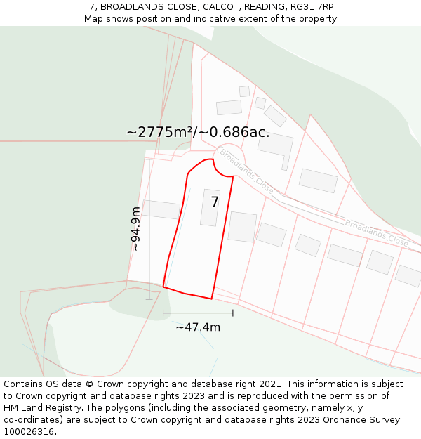 7, BROADLANDS CLOSE, CALCOT, READING, RG31 7RP: Plot and title map