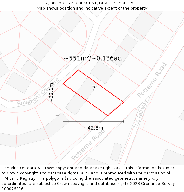 7, BROADLEAS CRESCENT, DEVIZES, SN10 5DH: Plot and title map